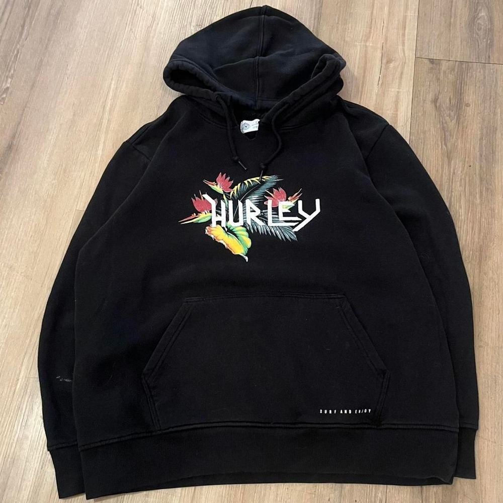 Hurley Mens Embroidered Tropical Floral Logo Hoodie Black Skate Surf Sweatshirt